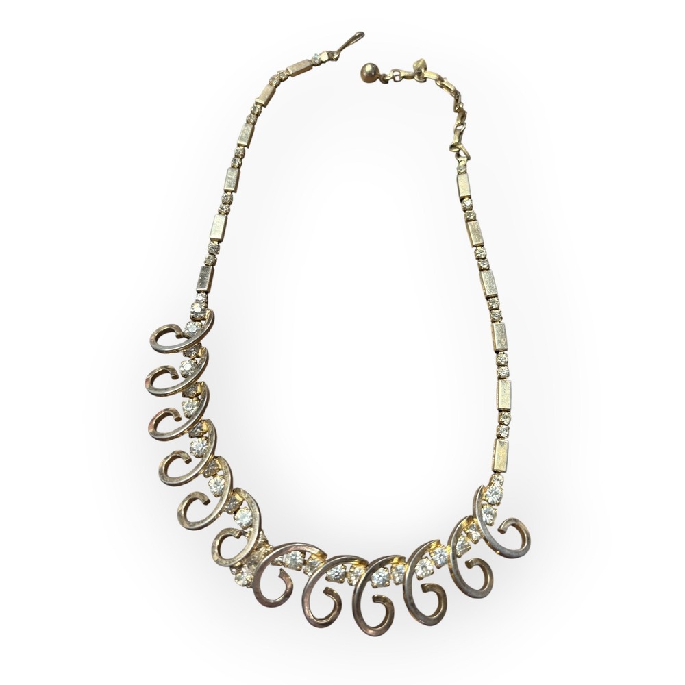 Sarah Coventry Necklace Vintage Rhinestone Scroll Silver Tone Good Swirl Link